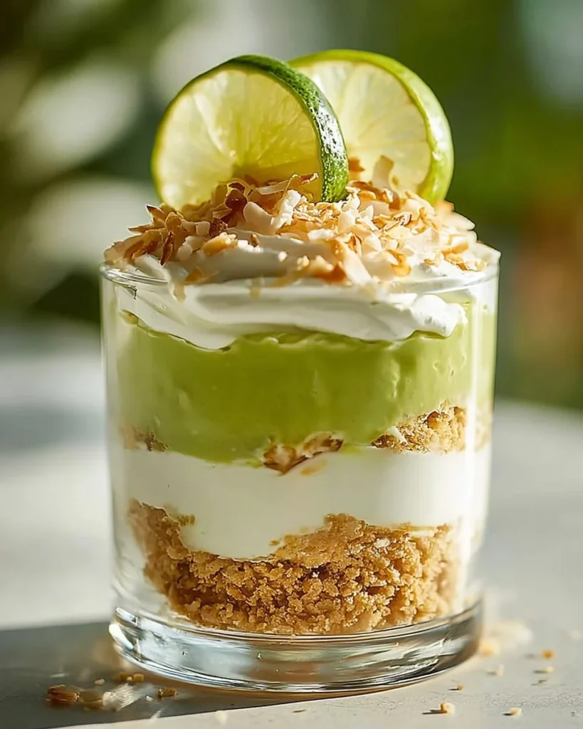 Delicious Key Lime Parfait with Coconut served in a clear glass
