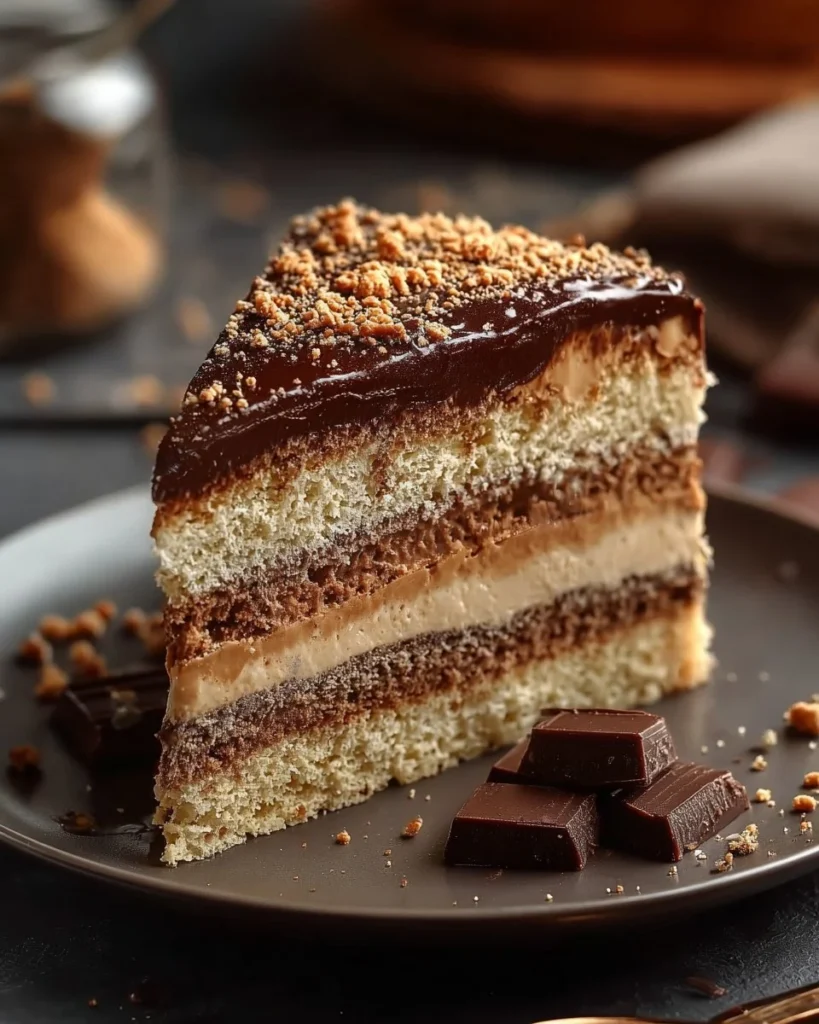 Delicious Kiev Cake made with meringue layers and cream filling.