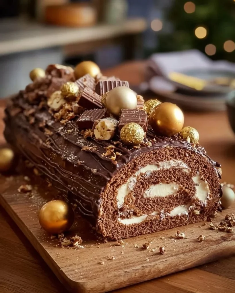 A delicious Kinder Bueno Yule Log decorated for the holidays.
