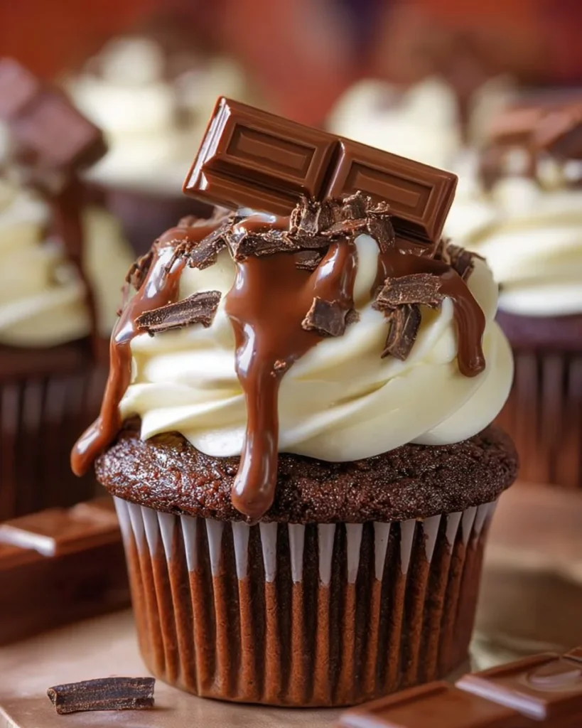 Delicious Kit Kat cupcakes topped with chocolate frosting and Kit Kat bars