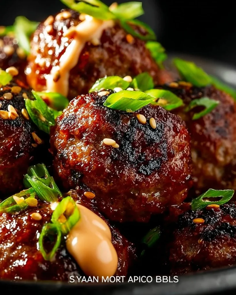 Delicious Korean BBQ meatballs served with spicy mayo sauce