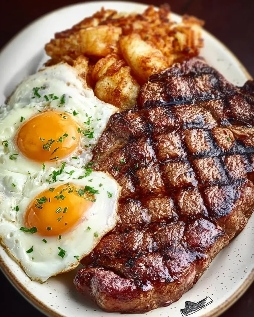 Ribeye steak plated with over easy eggs and crispy hash browns for breakfast