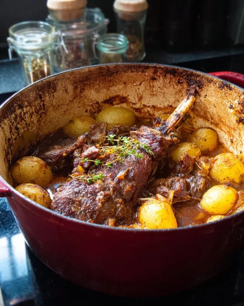 Delicious lamb shanks served with juicy potatoes