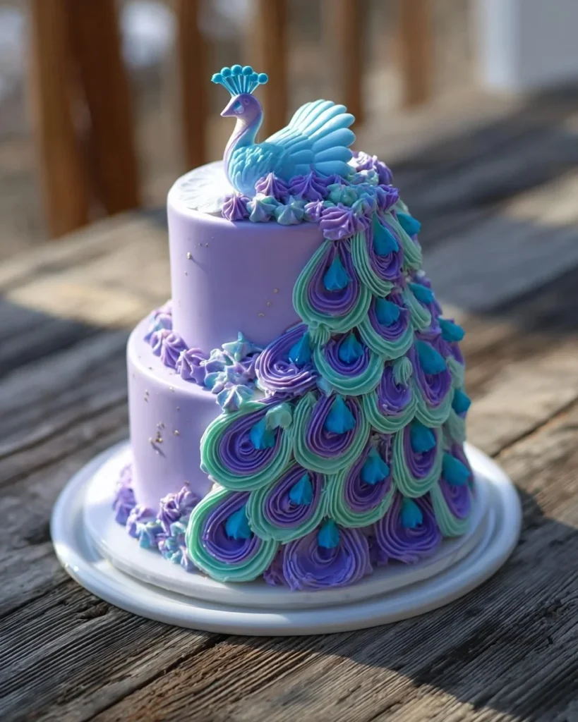 Lavender Peacock Cake with vibrant colors and delicate floral design