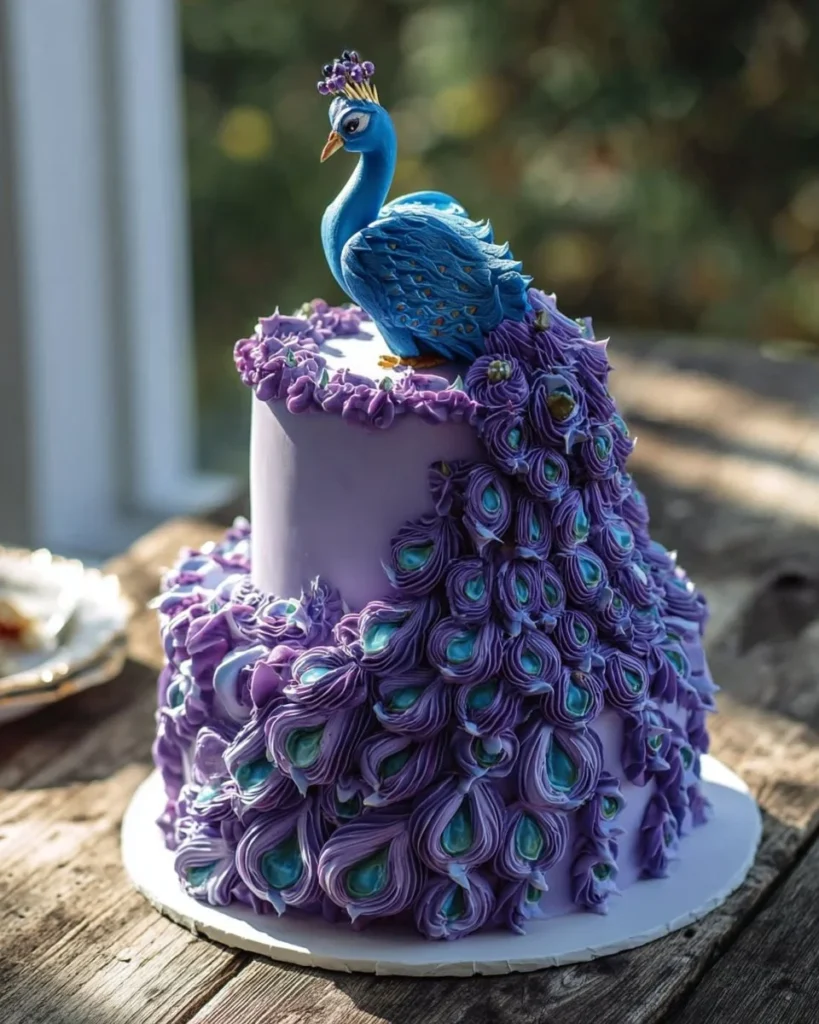 Lavender Peacock Cake decorated with vibrant peacock feathers and lavender flowers.