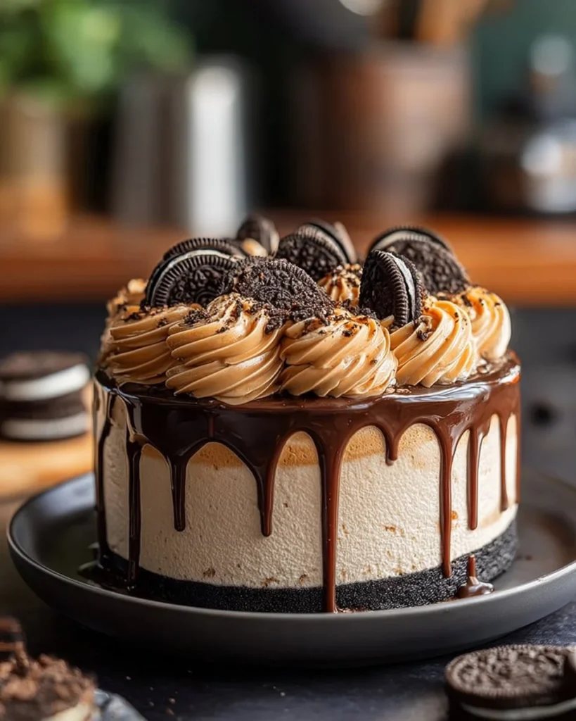 Layered chocolate cheesecake with Oreo crust, a decadent dessert for any occasion