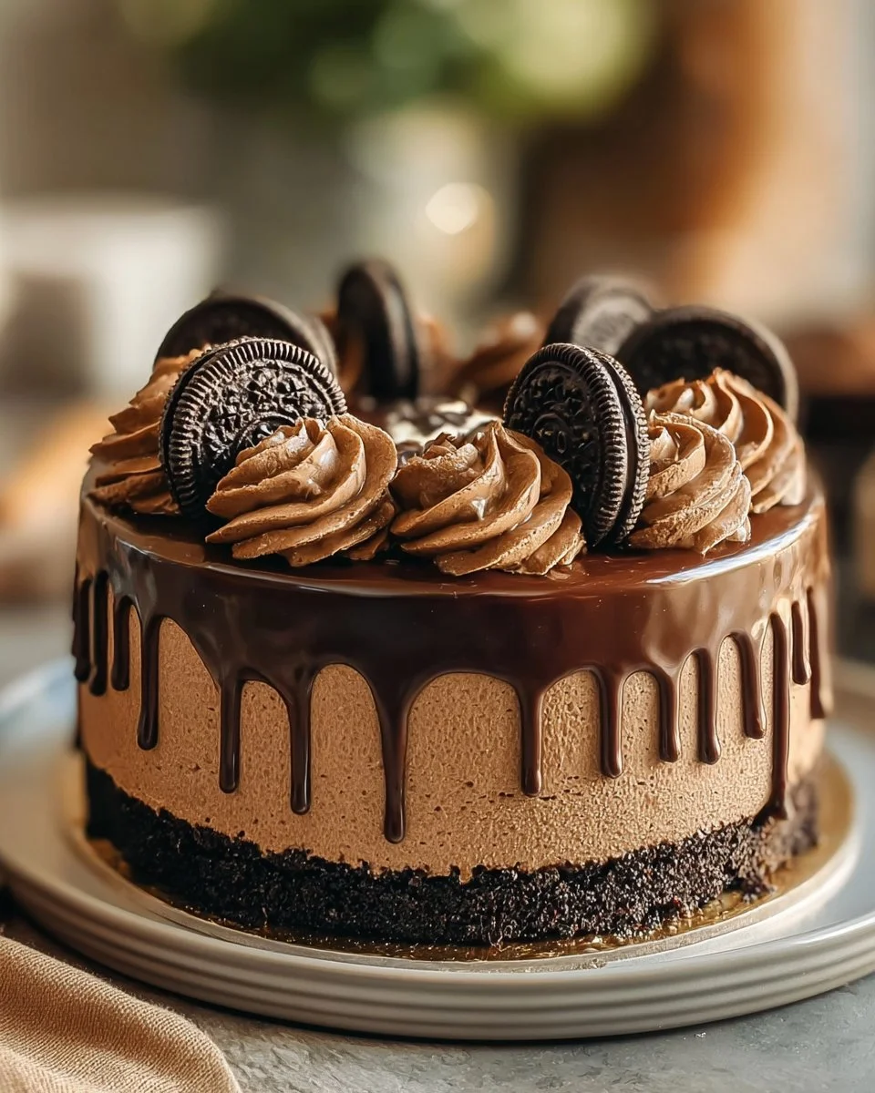 Layered chocolate cheesecake with creamy filling and Oreo crust slice
