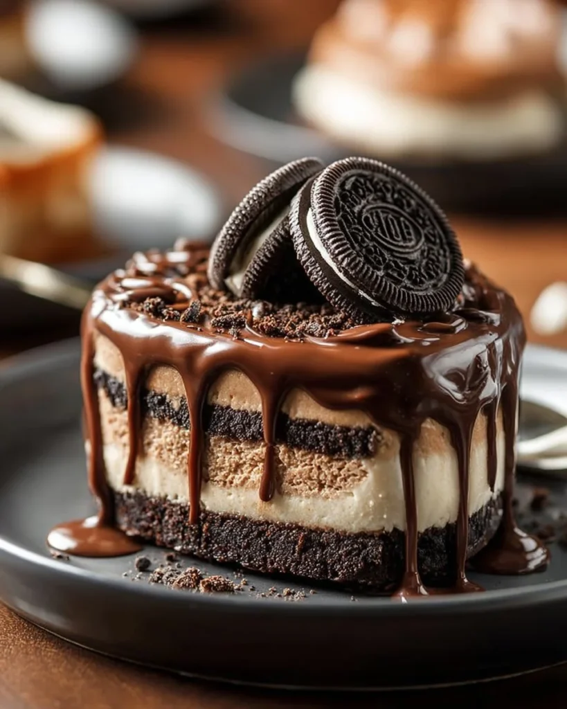 Layered chocolate cheesecake topped with an Oreo crust