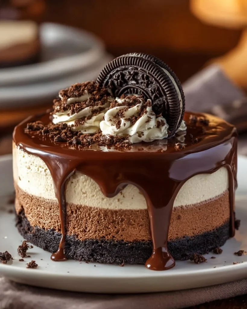 Layered chocolate cheesecake with Oreo crust on a plate, topped with chocolate drizzles.