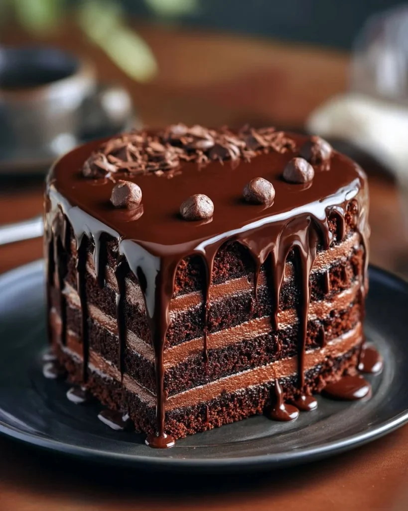 Layered Chocolate Delight with rich chocolate layers and whipped cream on top