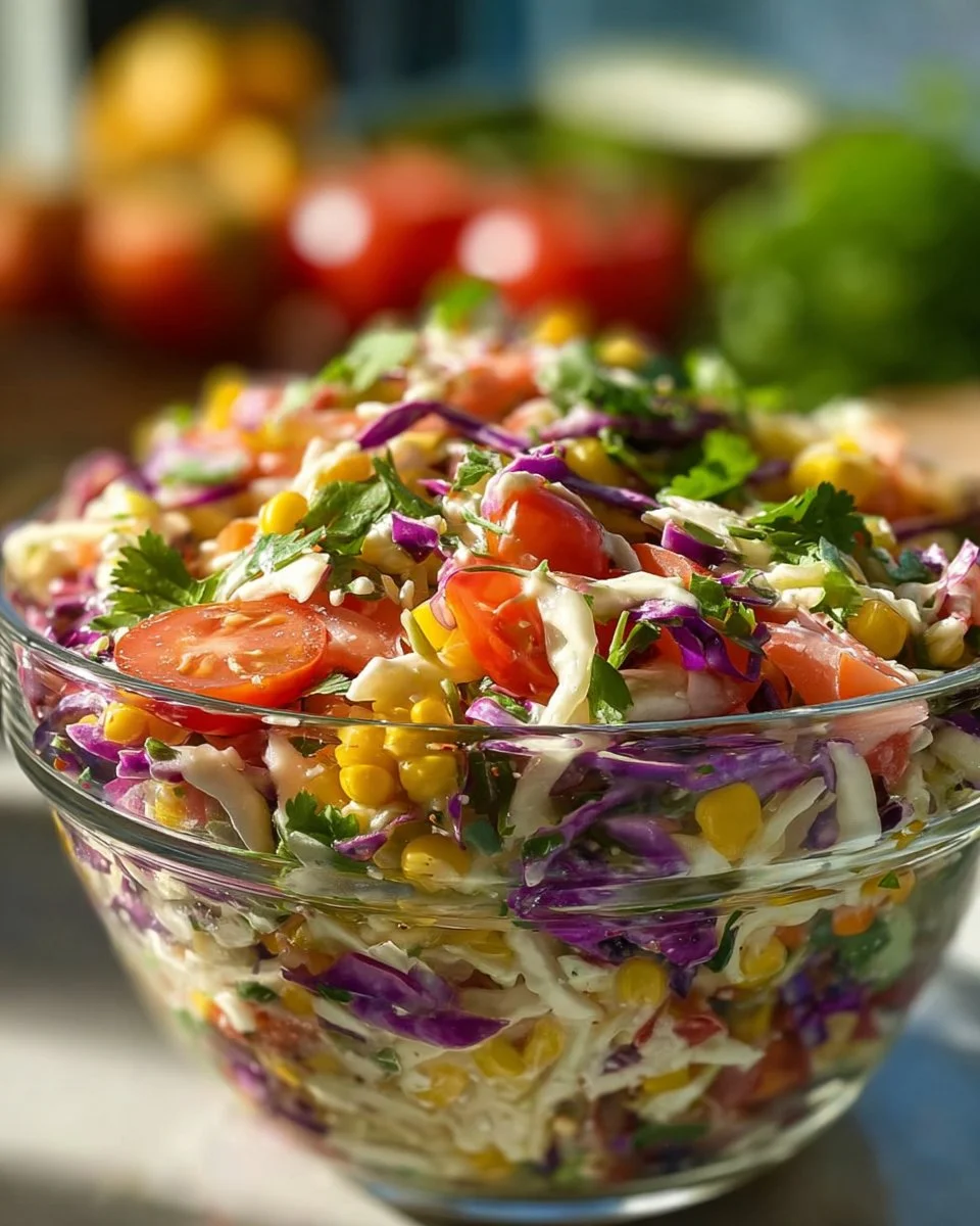 Layered Mexican Coleslaw Salad with colorful vegetables and dressing