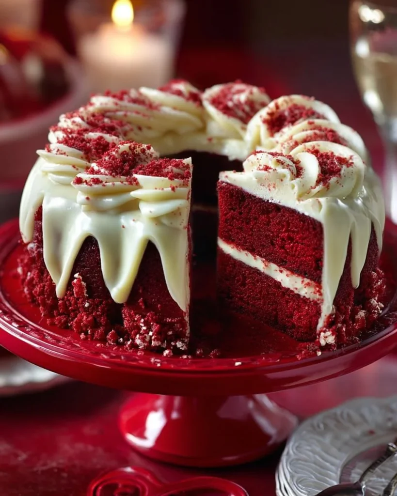 Layered Red Velvet Cheesecake Bundt Cake topped with cream cheese frosting