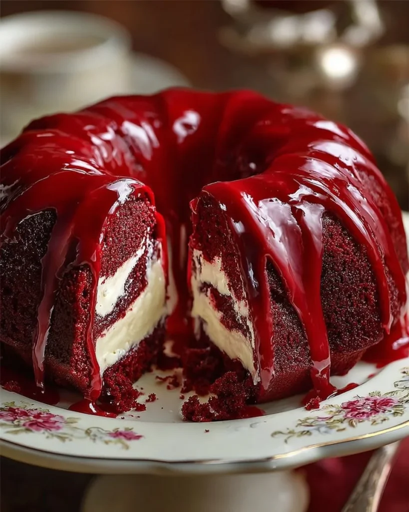 Layered red velvet cheesecake bundt cake topped with cream cheese frosting