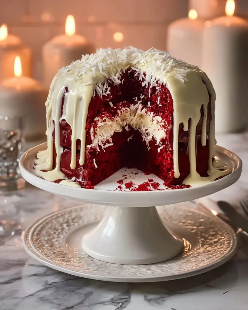Layered Red Velvet Cheesecake Bundt Cake topped with cream cheese frosting