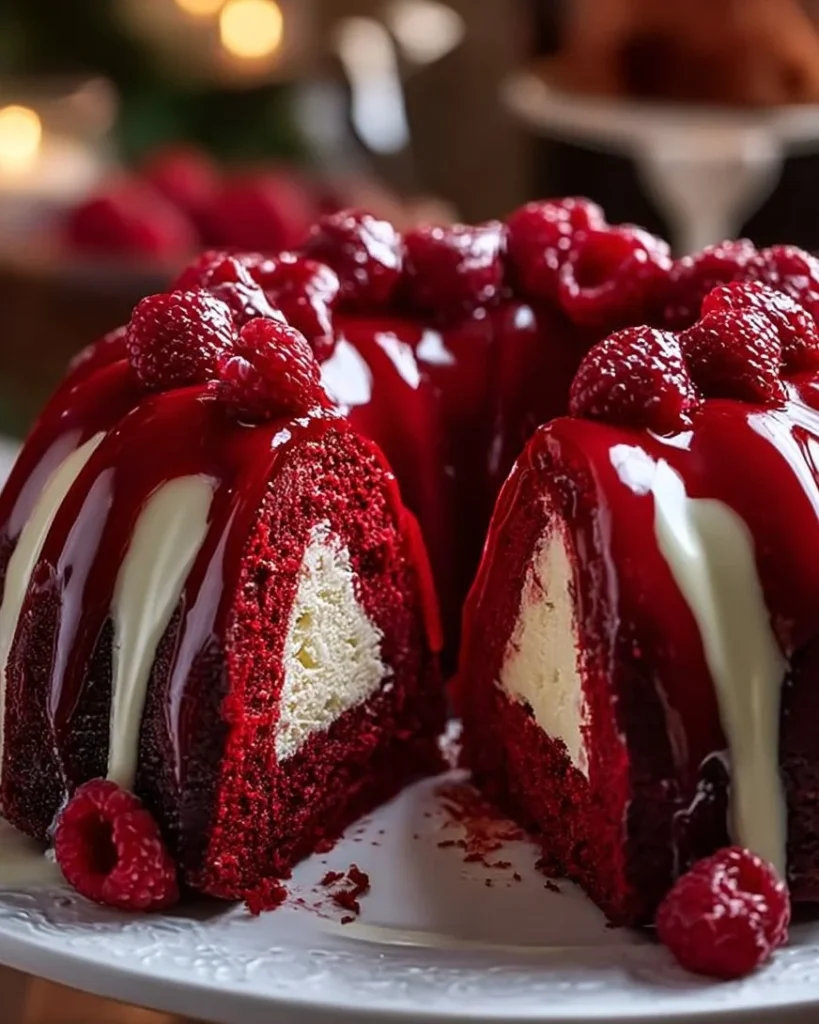 Layered red velvet cheesecake bundt cake with cream cheese frosting