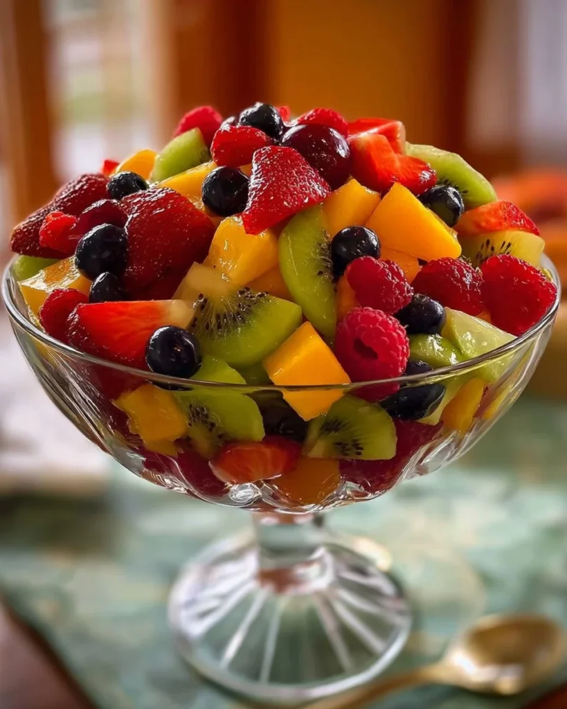 A colorful layered summer fruit salad with various fresh fruits in a bowl.