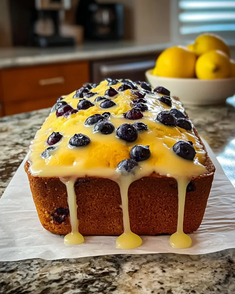 Lemon and Blueberry Yogurt Cake with a glittery glaze on a white plate.