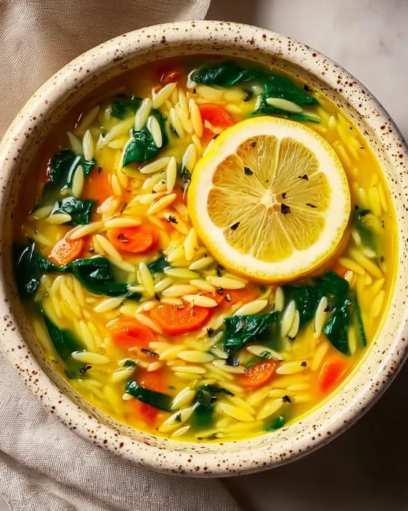 Bowl of Lemon and Spinach Orzo Soup with fresh ingredients