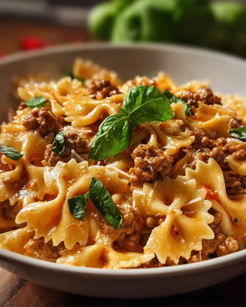 Lemon Basil Sausage Bowtie Pasta topped with creamy garlic ricotta sauce