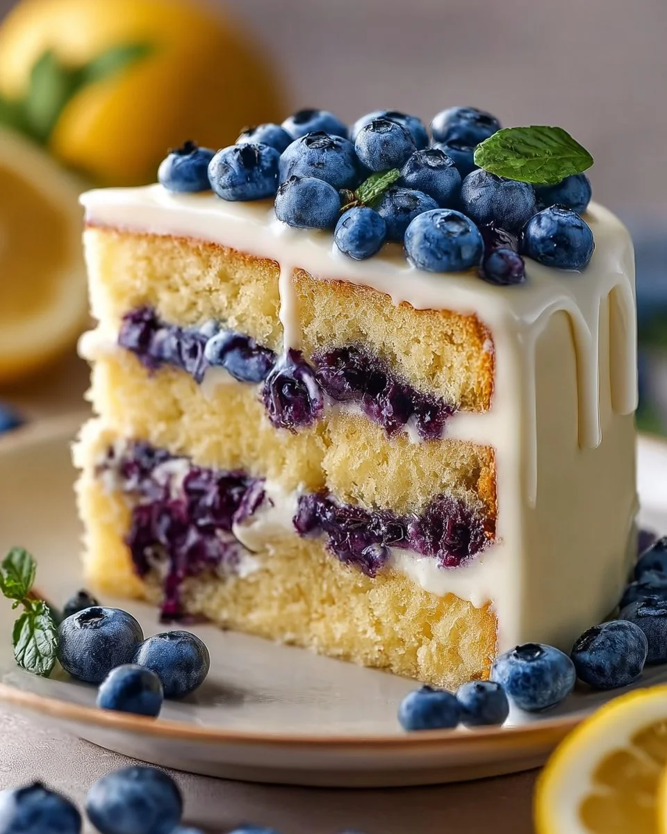 Delicious lemon blueberry cake topped with fresh blueberries and lemon zest