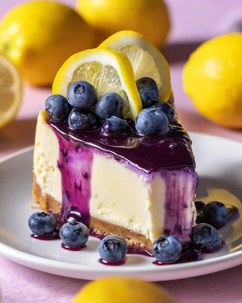 Delicious Lemon Blueberry Cheesecake slice topped with fresh blueberries
