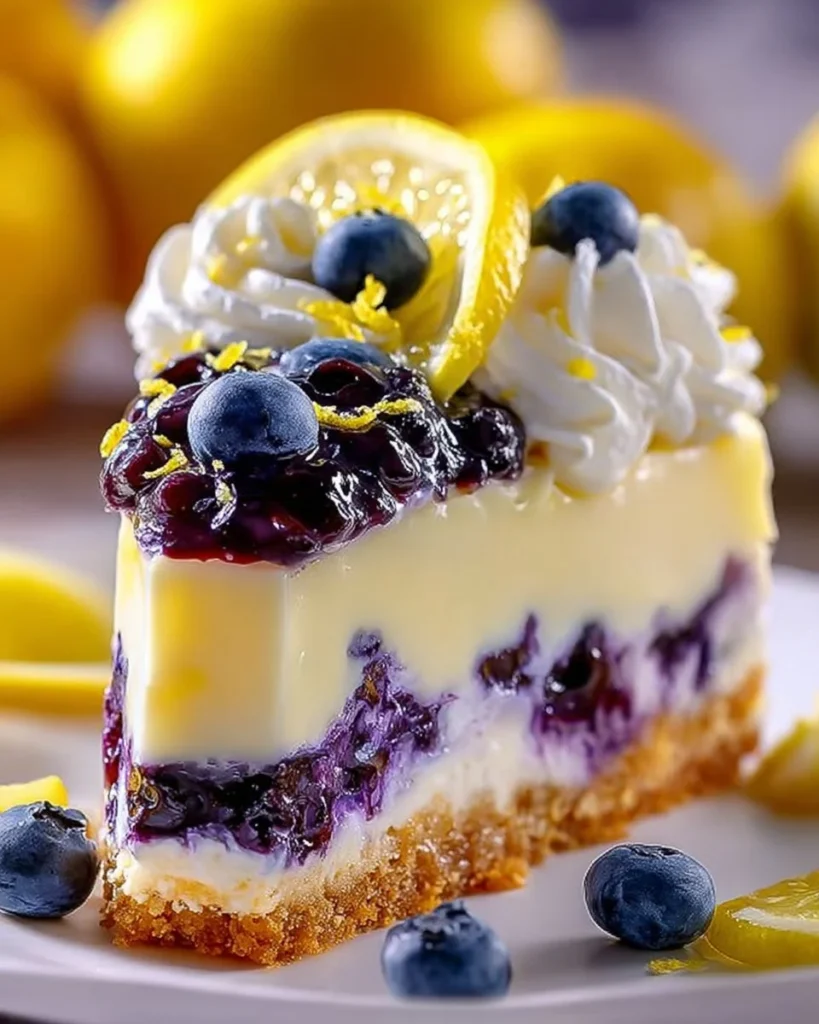 Lemon blueberry cheesecake bars sliced on a plate with fresh blueberries.