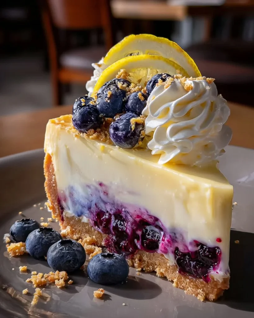 Delicious lemon blueberry cheesecake topped with fresh blueberries and lemon zest