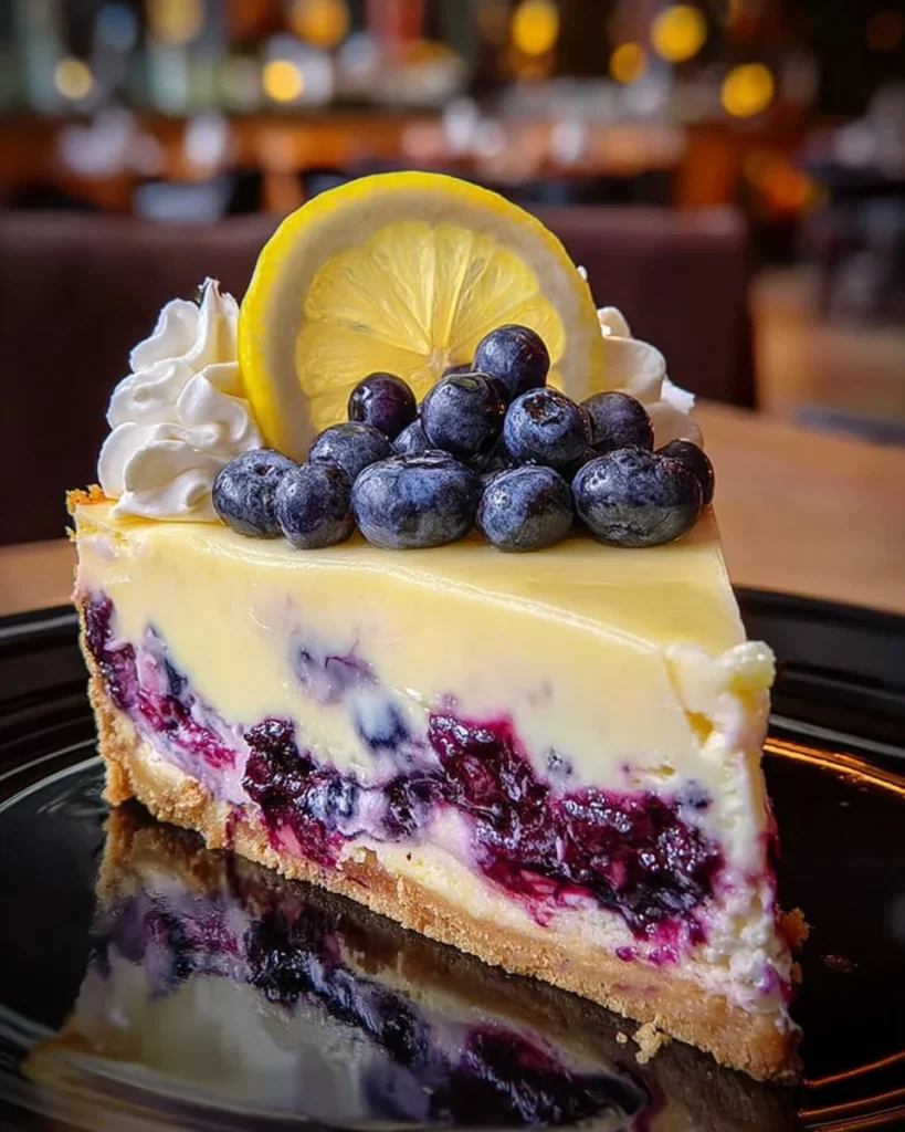 Delicious Lemon Blueberry Cheesecake topped with fresh berries and lemon zest.