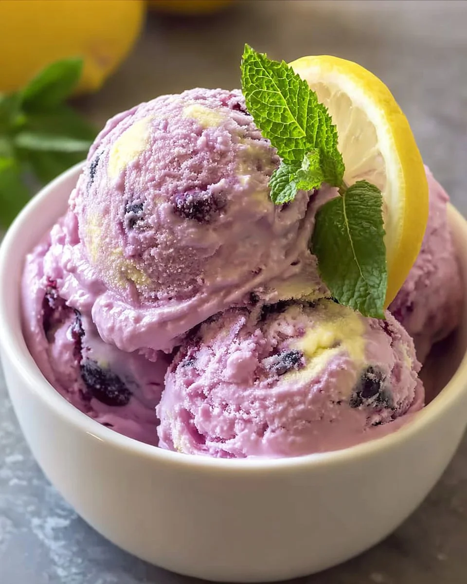 Lemon Blueberry Cheesecake Ice Cream in a bowl topped with fresh blueberries