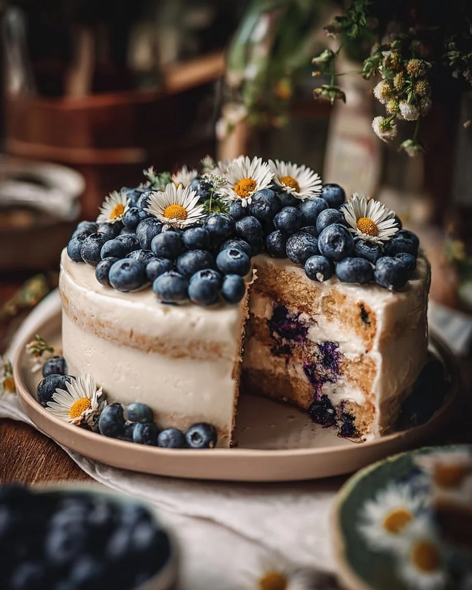Lemon Blueberry Layer Cake with vibrant blueberries and lemon frosting.