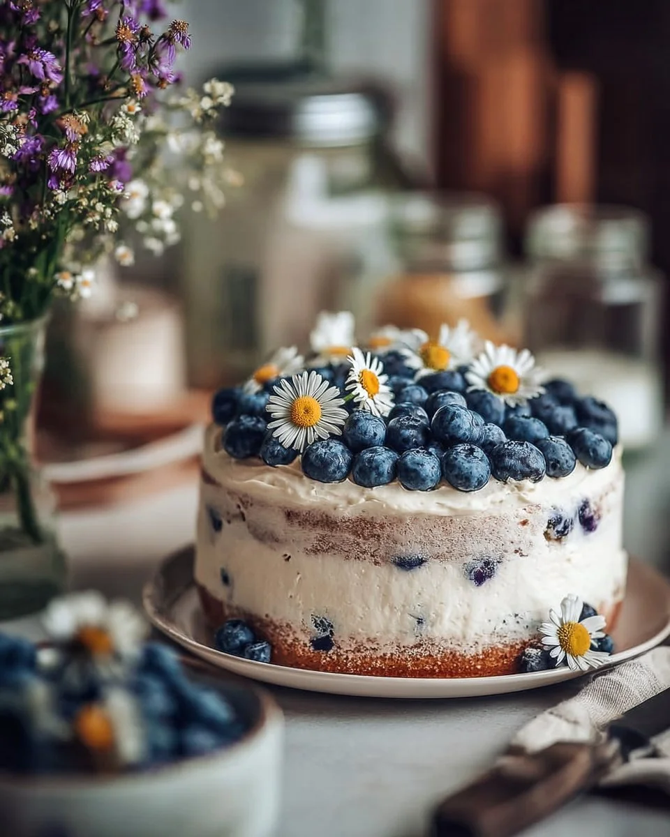 Delicious Lemon Blueberry Layer Cake topped with fresh blueberries and lemon zest.