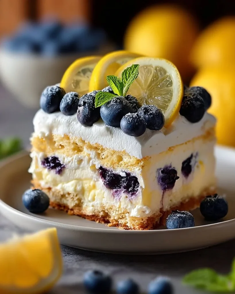 Delicious Lemon Blueberry Layer Cheesecake with fresh blueberries and lemon zest