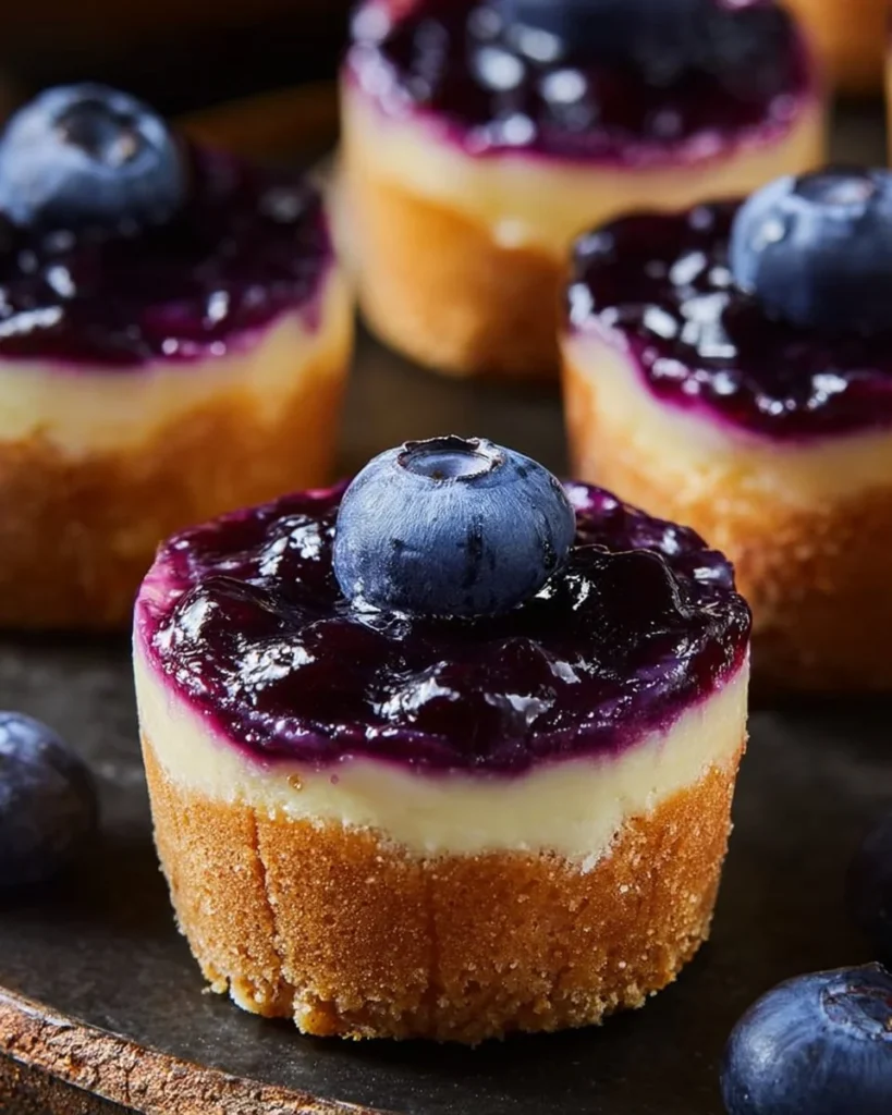 Lemon blueberry mini cheesecakes served on a plate with fresh blueberries