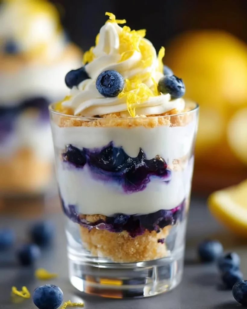 Delicious lemon blueberry parfaits served in clear glasses with fresh blueberries and lemon zest