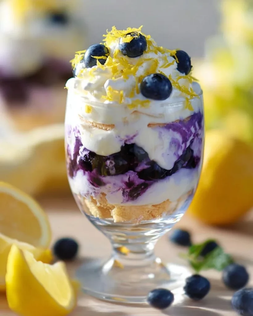 Lemon blueberry parfaits layered in a glass with fresh fruit and creamy topping.