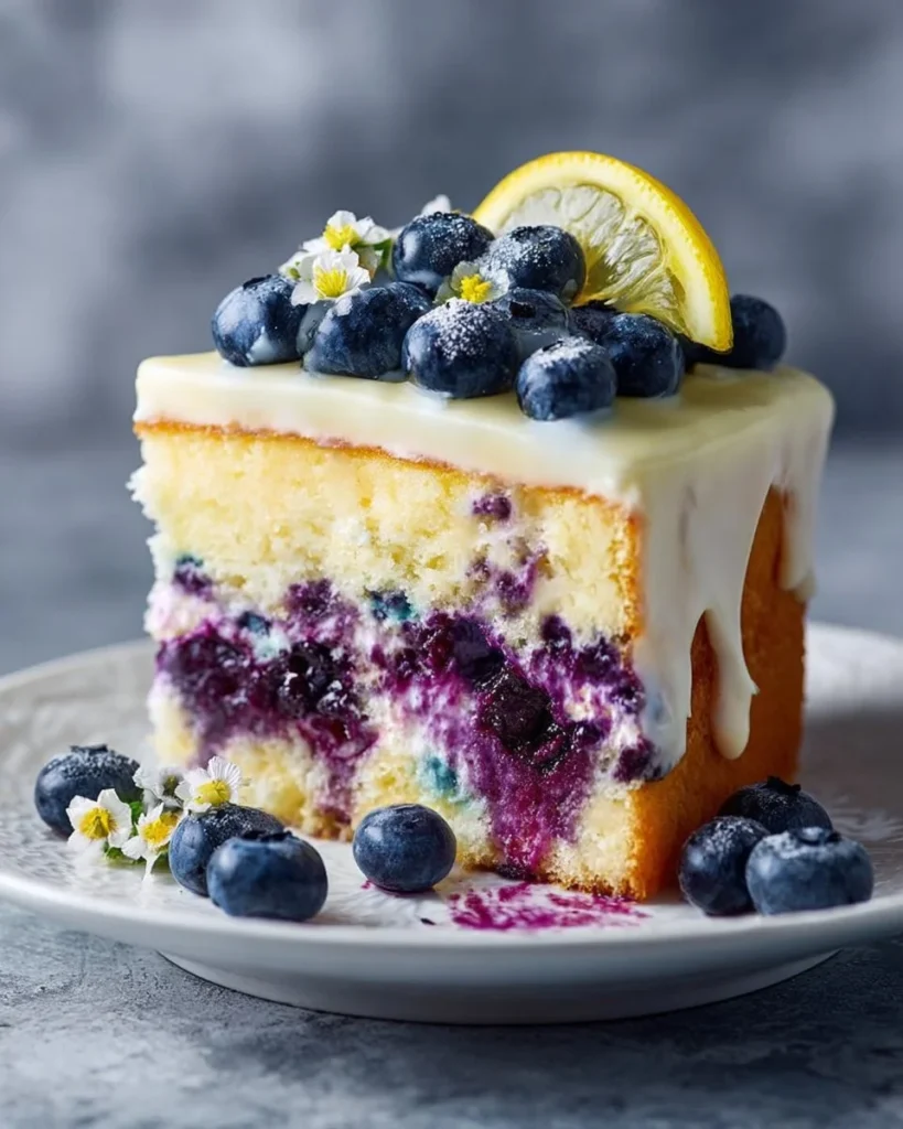 Slice of Lemon-Blueberry Poke Cake with blueberries on top