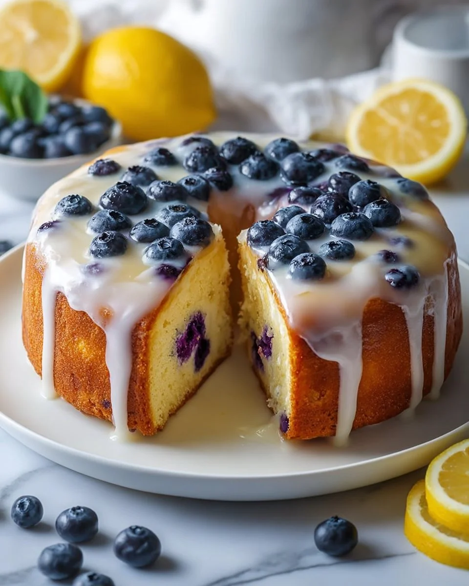 Sliced Lemon Blueberry Pound Cake with blueberries and lemon zest