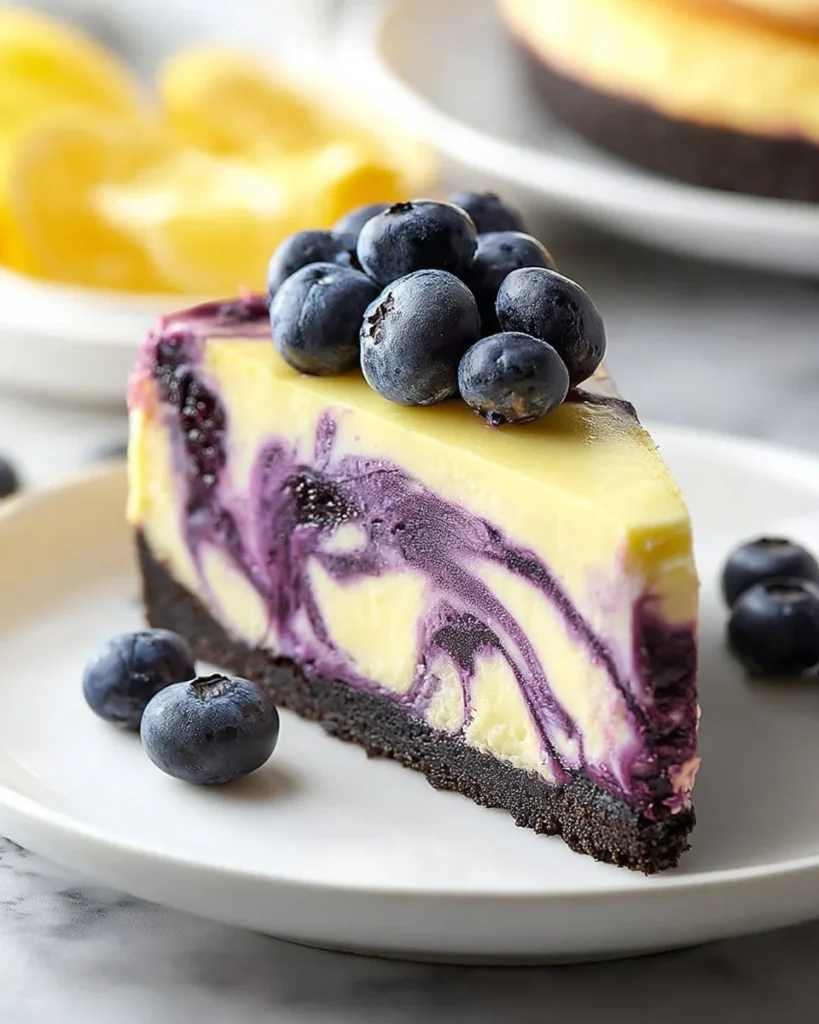 Lemon blueberry cheesecake with a creamy swirl on top, garnished with fresh blueberries.