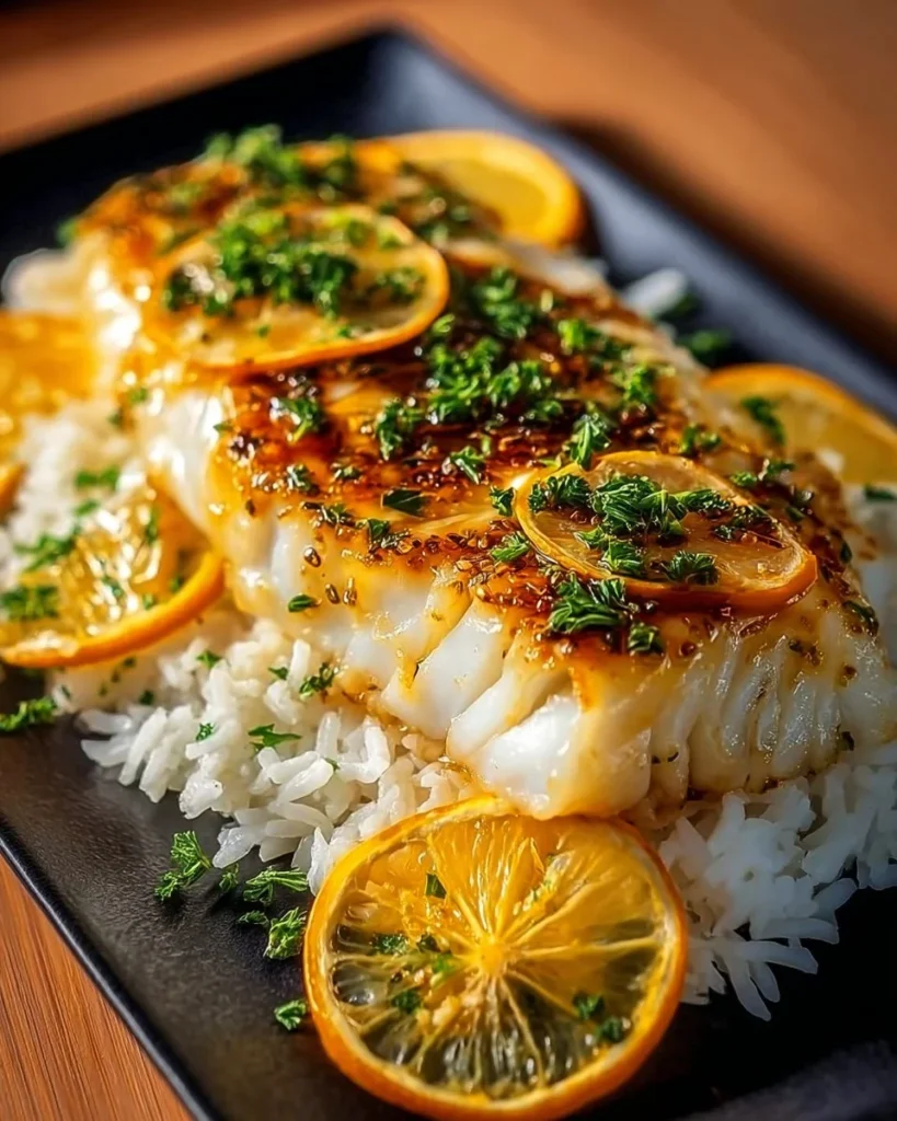Delicious Lemon Butter Cod served with herbs and lemon slices