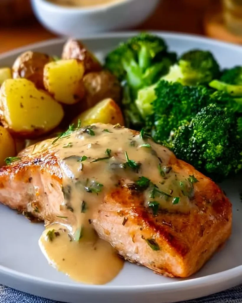 Plate of lemon butter salmon with roasted potatoes and broccoli