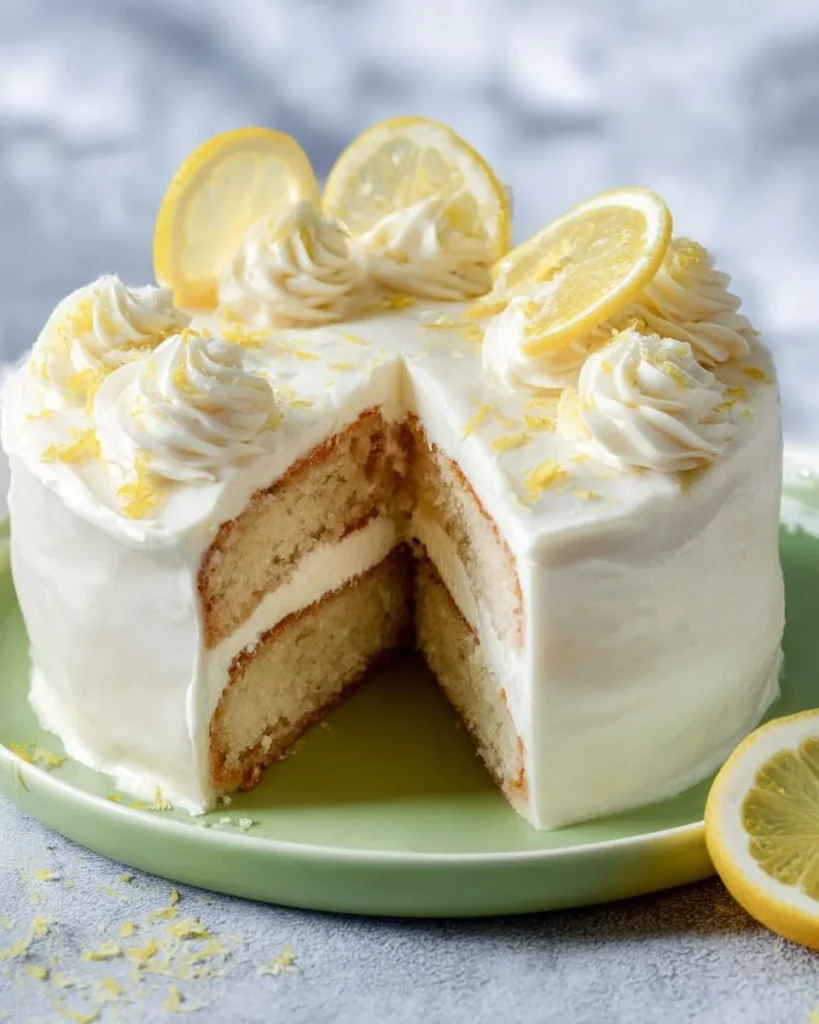 Homemade lemon cake with fresh lemon slices and frosting