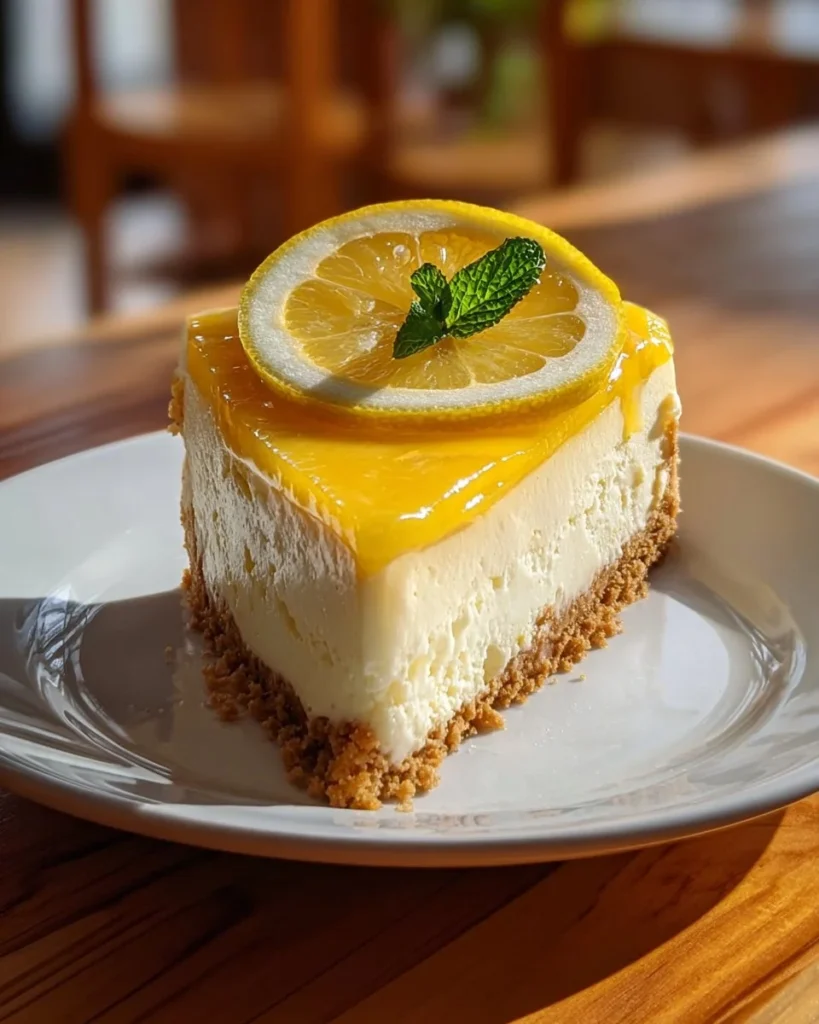 Delicious homemade Lemon Cheesecake with a graham cracker crust and lemon topping