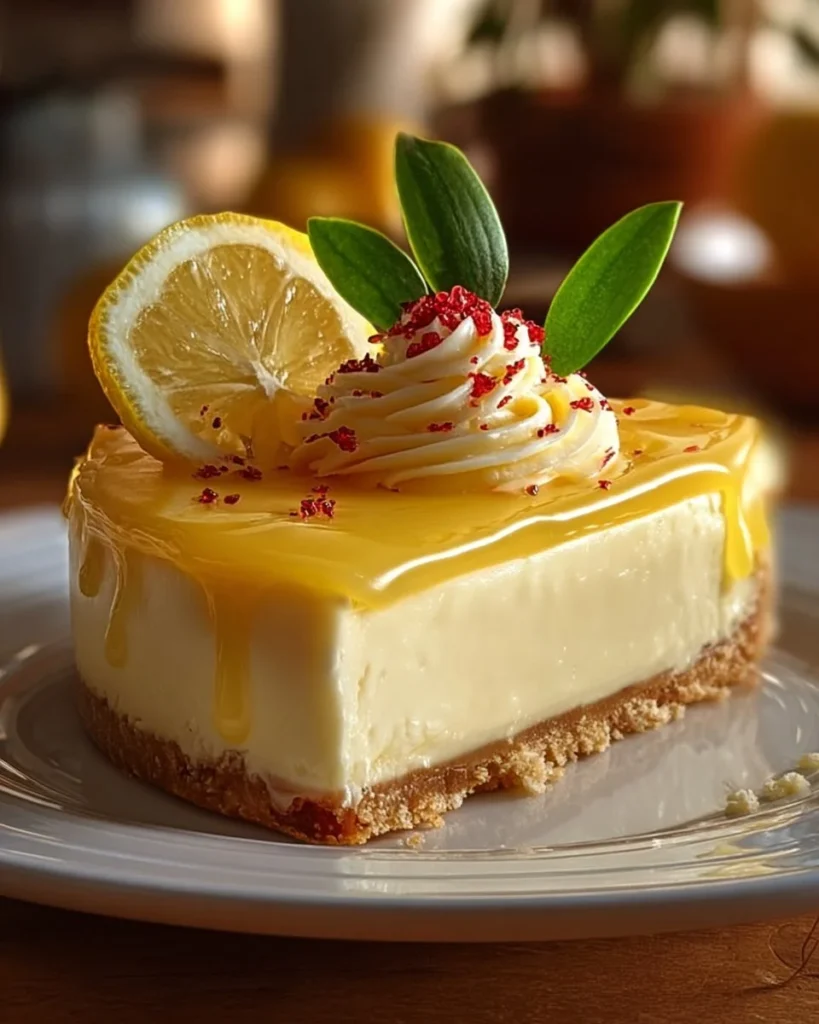 Delicious Lemon Cheesecake topped with fresh lemon slices and whipped cream