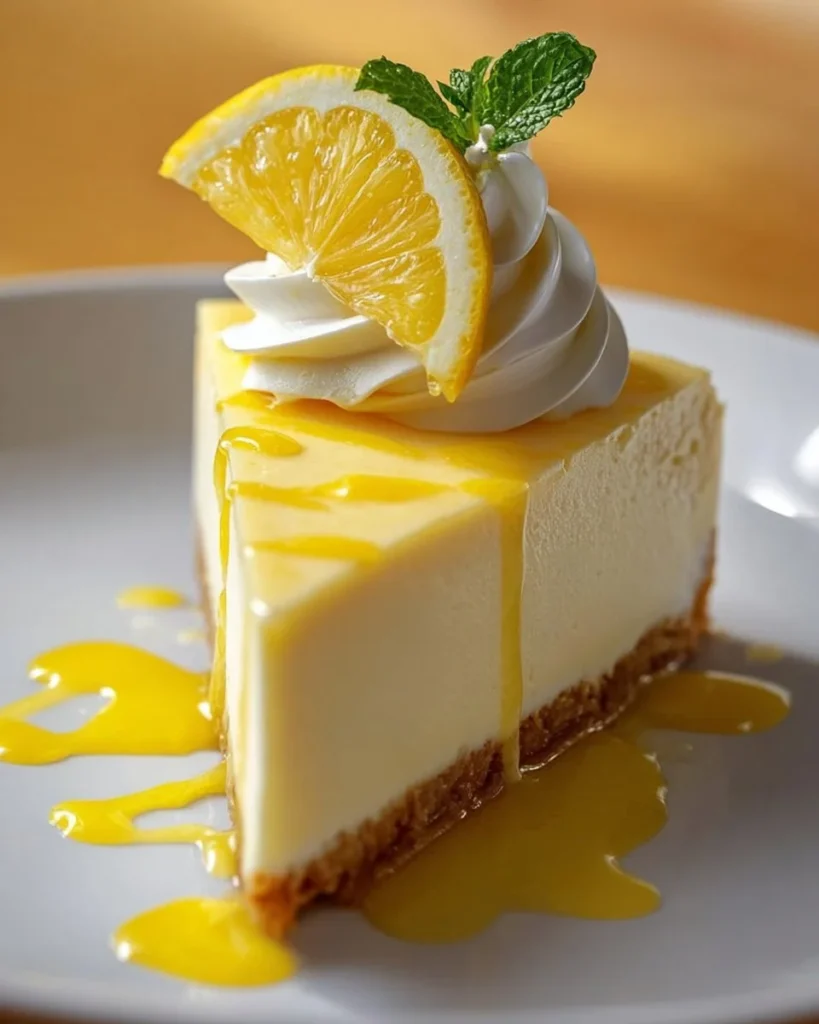Delicious lemon cheesecake topped with fresh lemon zest and whipped cream.