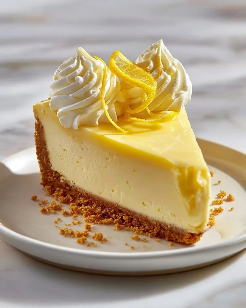 Delicious homemade lemon cheesecake topped with fresh lemon slices