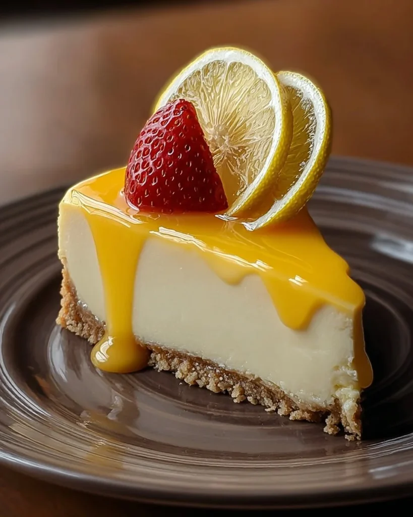 Lemon cheesecake topped with a glossy glaze on a white plate