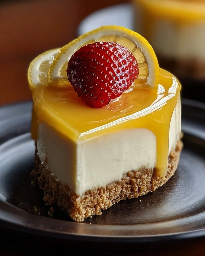 Lemon cheesecake with a glaze drizzled on top, showcasing a creamy texture.