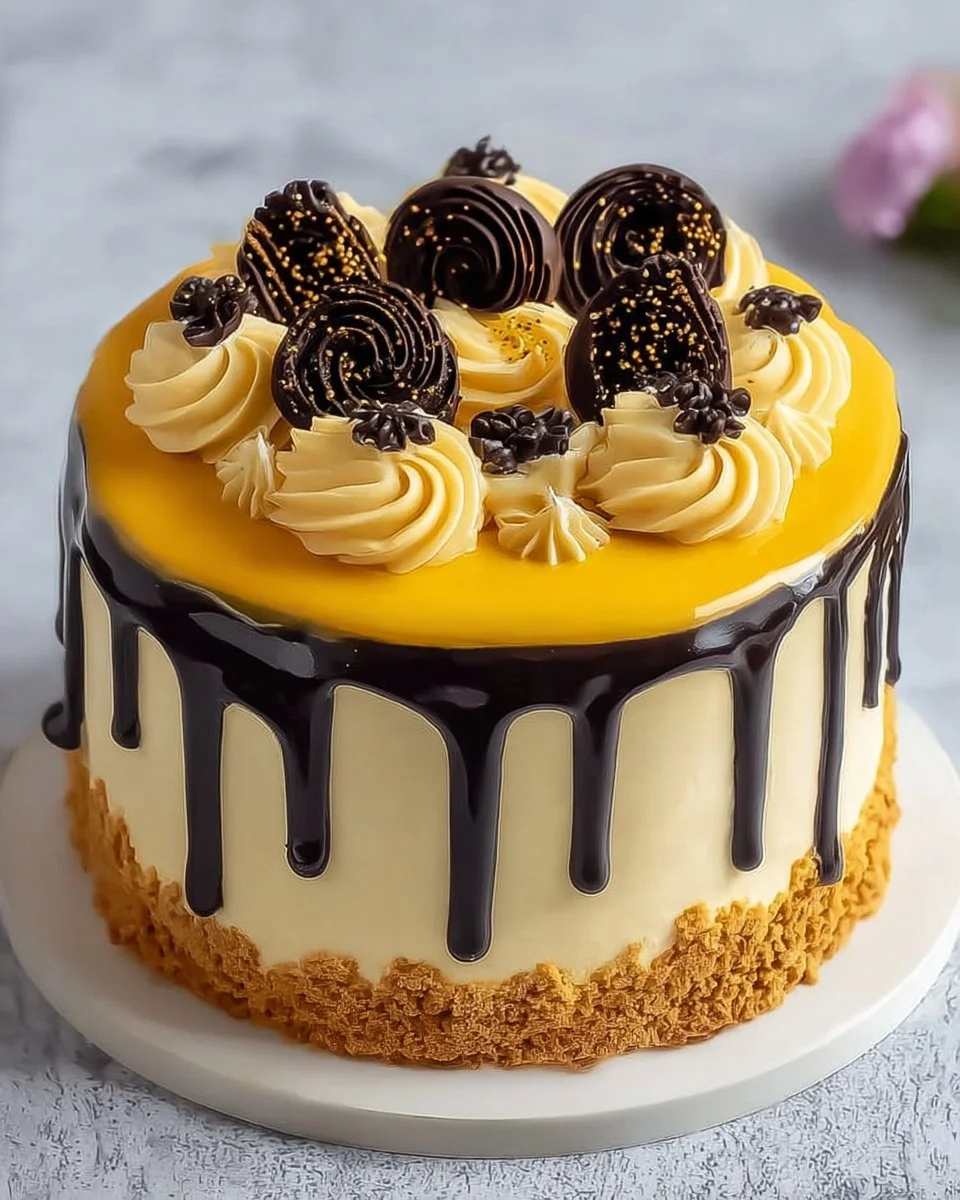 Lemon Chocolate Swirl Cheesecake topped with lemon slices and chocolate drizzle