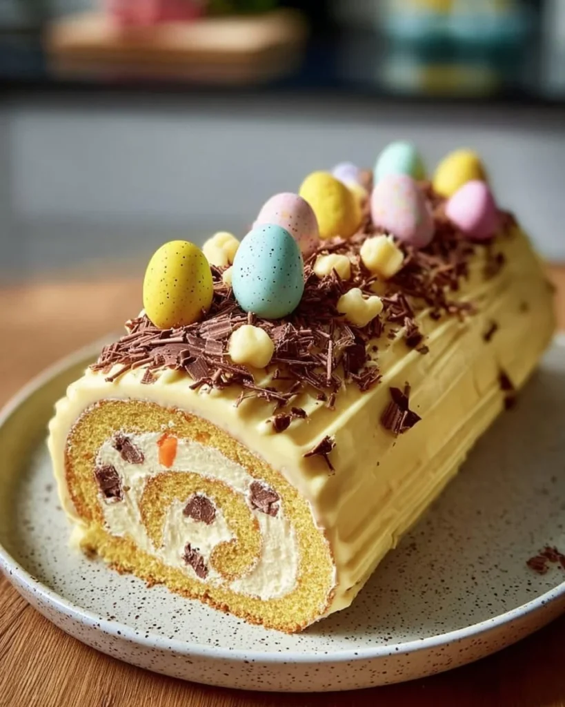 Delicious Lemon Swiss Roll cake decorated for Easter celebrations