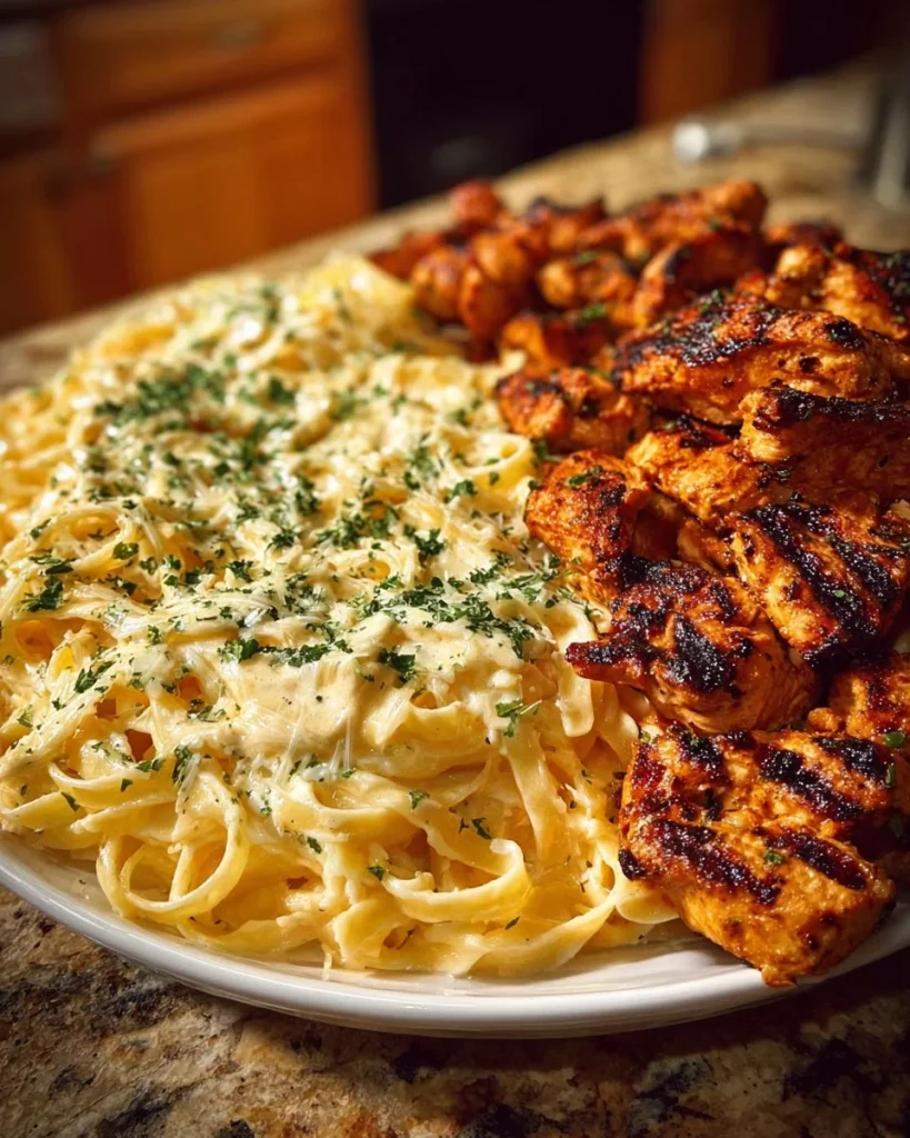 Lemon Garlic Butter Chicken Bites served with Parmesan linguine in a delicious meal.